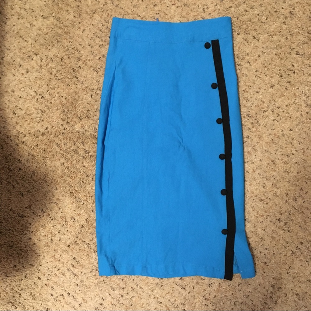 RockSteady blue fitted retro pinup stretch pencil skirt with buttons and trim